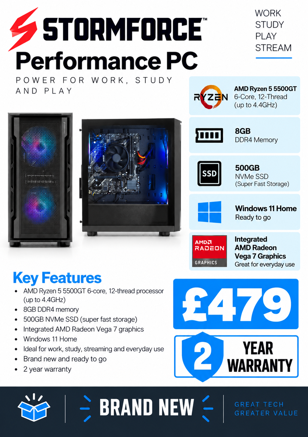 LWS AMD PC Ryzen 5500 3.6GHZ Quad Core 8GB 512GB SSD W11