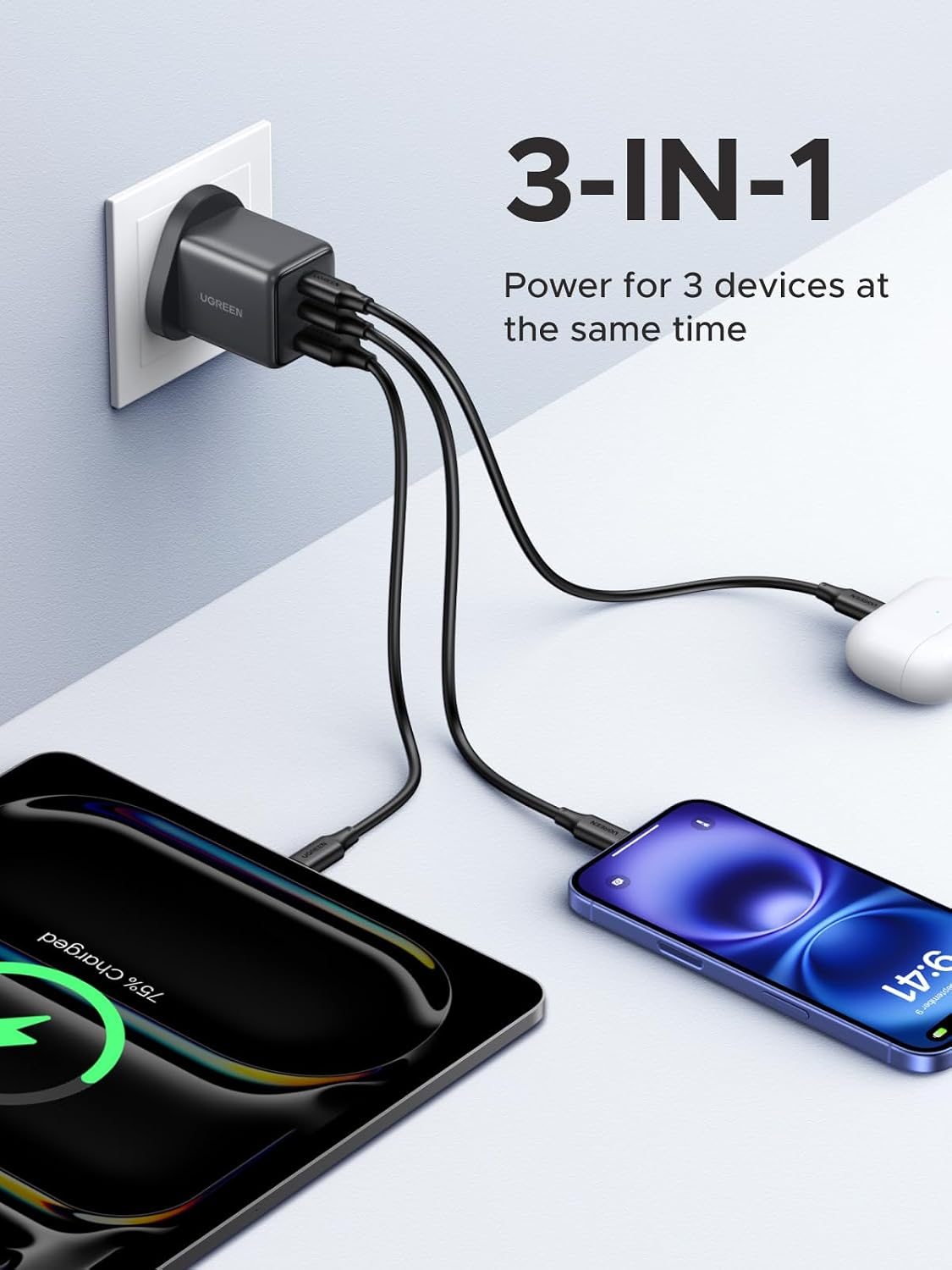 UGREEN 30W 3-port charger powering three devices at the same time