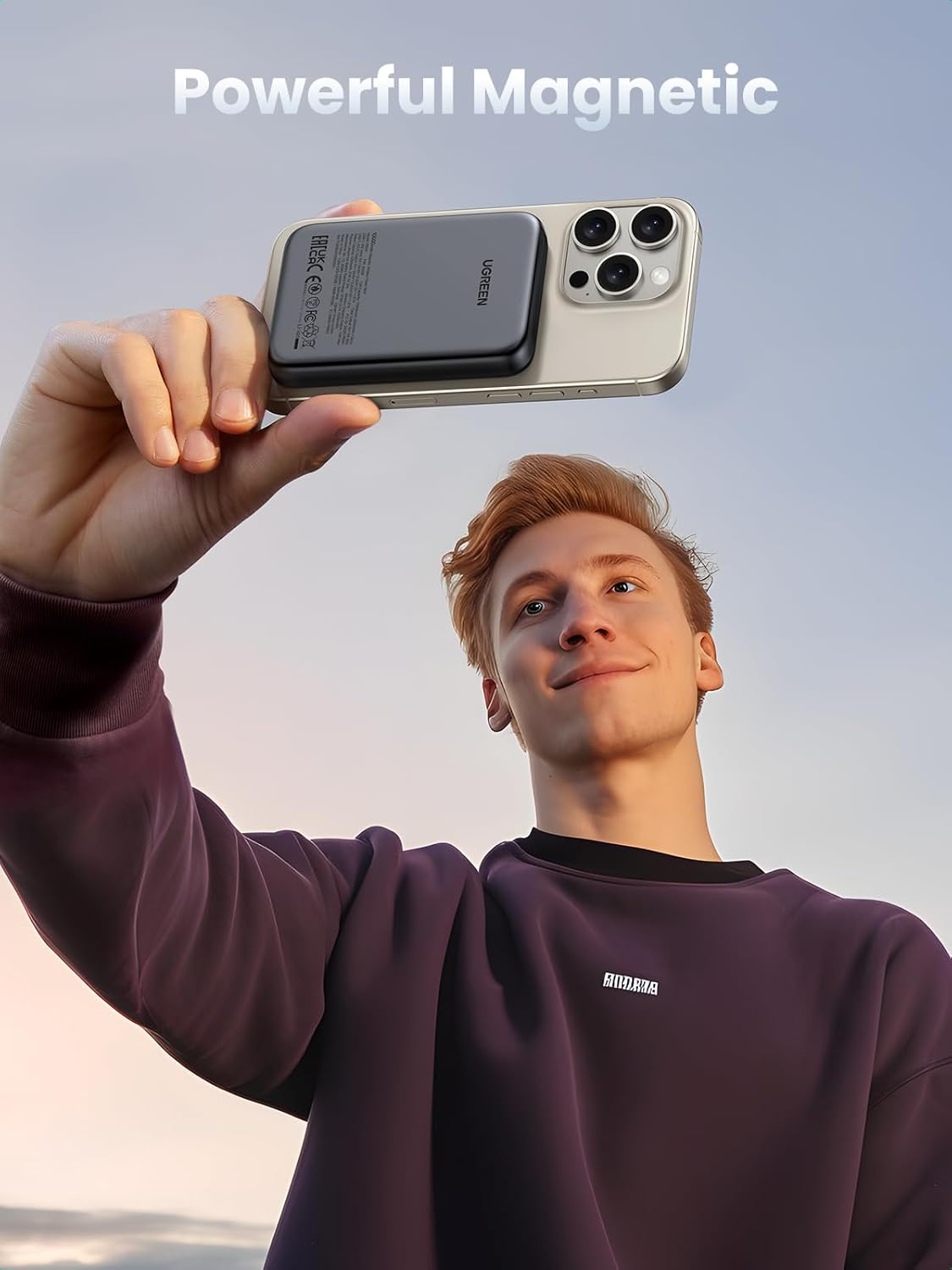 UGREEN Nexode magnetic power bank attached to iPhone